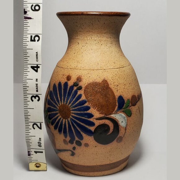Vintage Tonala Hand Painted Mexican Floral Sandstone Pottery Vase Singed S MEX - Picture 7 of 7